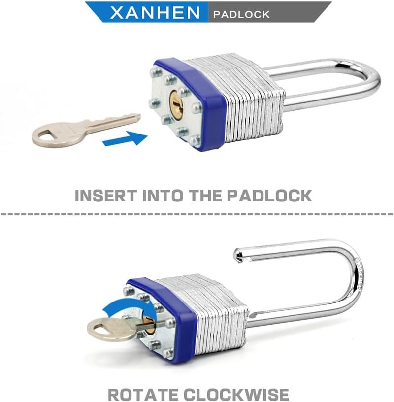 XanHen Lock Outdoor Padlocks, Key Lock, Padlocks with Same Key - Laminated Steel Keyed Padlocks with Long Shackle, 6 Pack, for Hasp Latch, Sheds, Fences, Storage Locker, School, Gym - Image 4